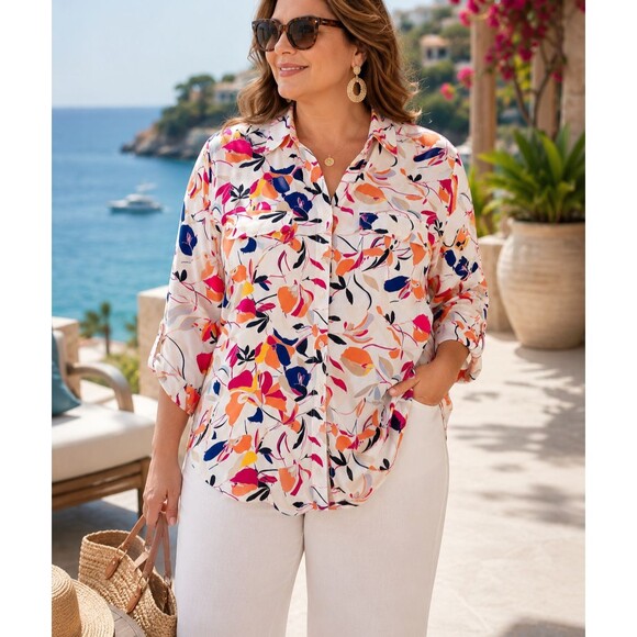 Chico's Tops - Chico's Size 3 Floral Button Front Blouse Roll Tab Sleeves Rayon 16 18